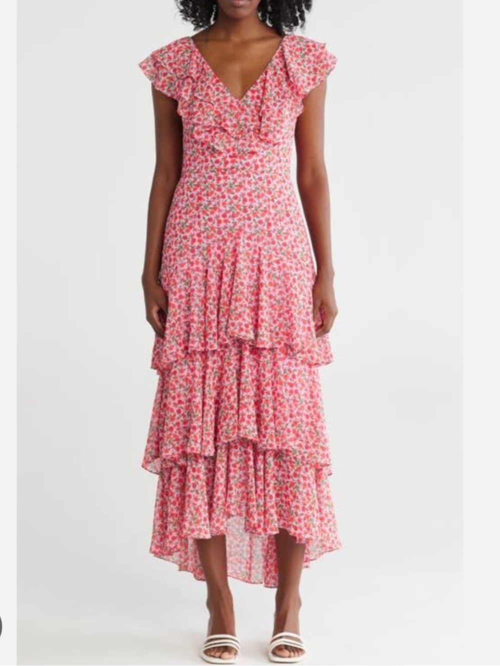 WAYF Pink and Red Floral Ruffled Dress